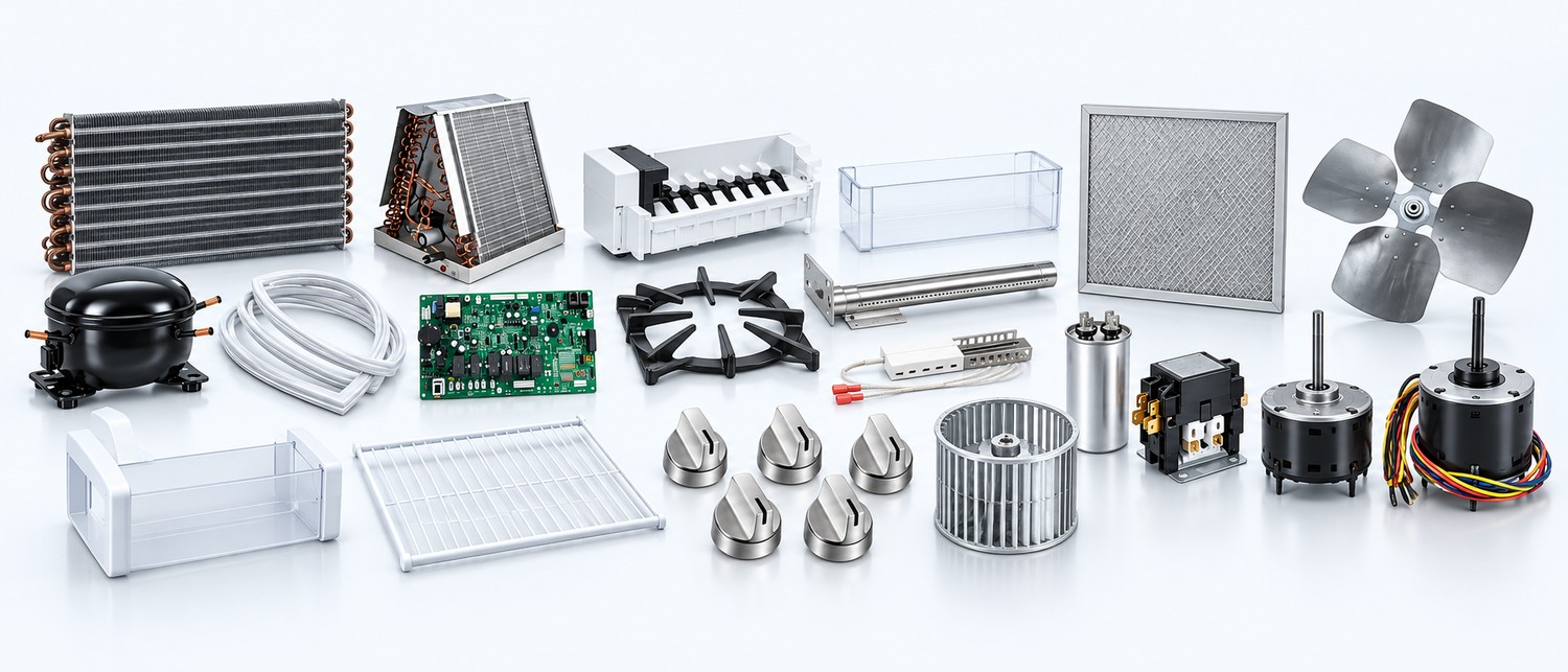 Refrigeration, cooking and HVAC replacement parts, including coils, a compressor, door gaskets, controls, burners, motors and a filter