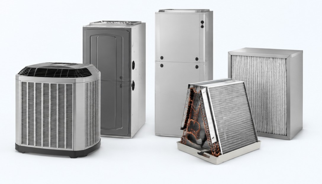 Outdoor air-conditioning unit, furnace, air handler, evaporator coil and filter